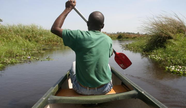 Canoe in the Mabamba Wetlands channels